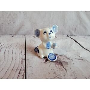 Vintage 1970's Miniature Mice Ceramic Figurines Enesco Handpainted Blue White